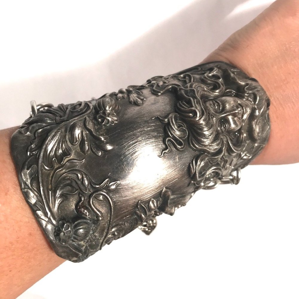 Victorian Goddess Silver plated Art Nouveau Cuff